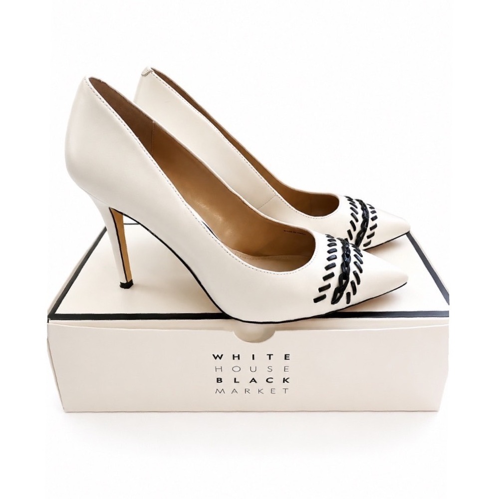 White House Black Market Olivia Ecru Black Whipstitch Pointed Toe Pumps 8M